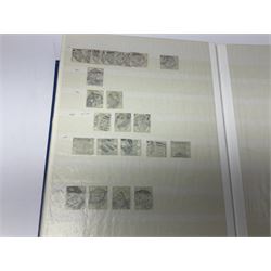 Mostly Great British Queen Victoria stamps, including penny black with black MX cancel, 1840 two pence blue with black cancel, imperf penny reds singles and pairs, perf penny reds stars and plates, various postmarks or cancels, penny reds on pieces or covers, halfpenny 'bantams', other QV issues with some higher values etc, housed in a blue stockbook