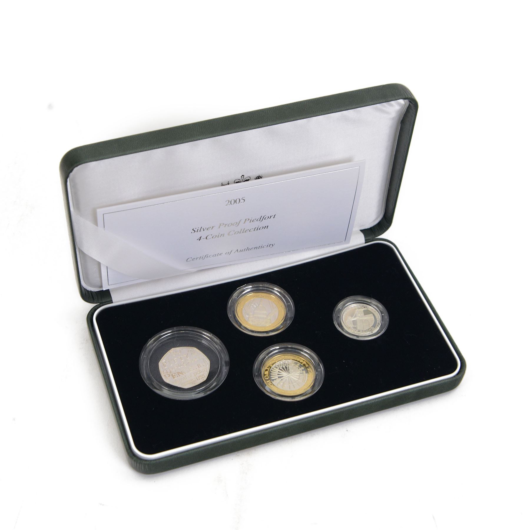 The Royal Mint United Kingdom 2005 silver proof piedfort four coin collection, cased with certificate