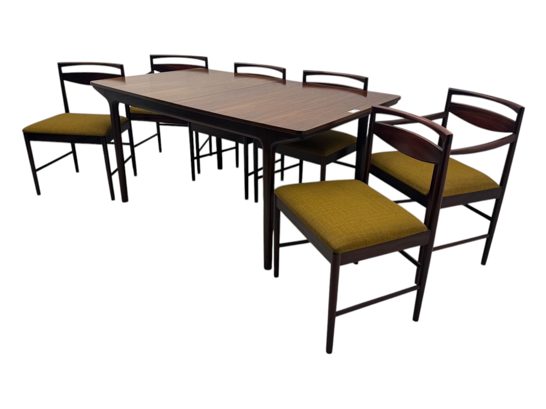 Tom Robertson for McIntosh of Kirkcaldy - mid-20th century 'Dunfermline' dining table, rectangular top with double concealed integral leaf, raised on tapered supports; complete with set of six (4+2) McIntosh dining chairs