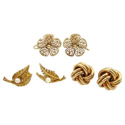 Pair of gold knot stud earrings, pair of flower screw back earrings and one other pair of pearl stud earrings, all hallmarked 9ct