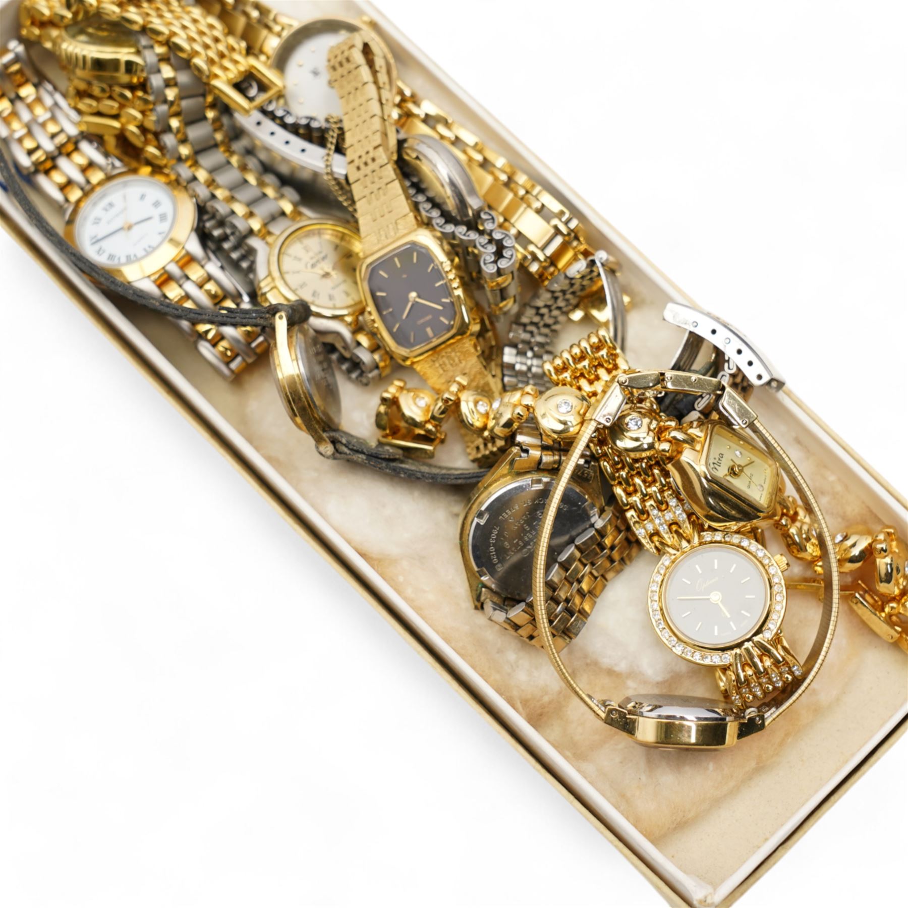 Swedish silver enamel daisy bracelet, 9ct gold jewellery including paste stone set pendant, cameo brooch and two shirt buttons, silver-gilt pendant necklace, collection of costume jewellery and wristwatches including Seiko and Raymond Weil