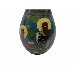Japanese Cloisonne vase, Meiji/Taisho period, decorated with five haloed figures, possibly the Lucky Gods or Monks, in a landscape detailed with pine trees, lotus flowers and auspicious clouds, beneath a neck with band of fronds, with apocryphal Ming mark beneath, H31cm
