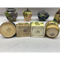 Collection of Japanese Maruhon ware novelty preserve pots, to include examples modelled as a windmill and cottages, together with other 1920s and 30s Art Deco style preserve pots, etc