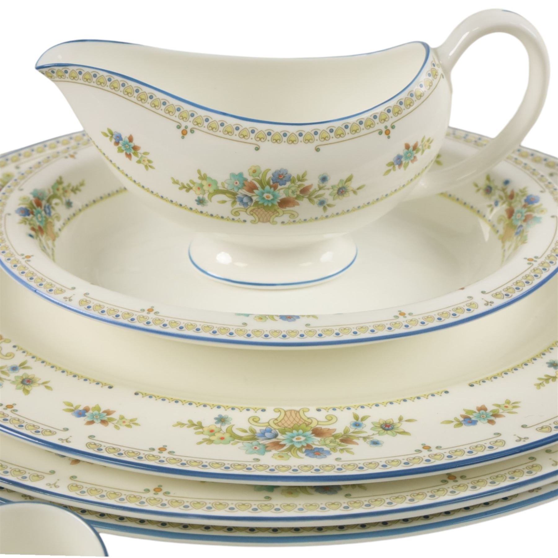 Wedgwood Petersham tea and dinner service, including, teapot, coffee pot covered sucrier, milk jug, ten dinner plates, fifteen bowls covered dished etc 