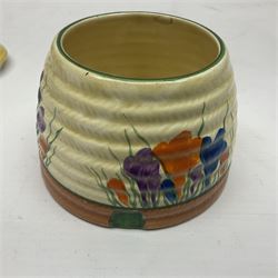Clarice Cliff Bizarre for Newport Pottery, beehive honey pot with cover in Crocus pattern,  with printed mark beneath, H9cm