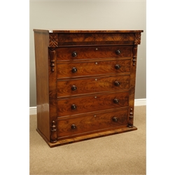  Large Victorian figured mahogany chest, frieze drawer above five graduating drawers, carved detail and mounts, W124cm, H133cm, D58cm  