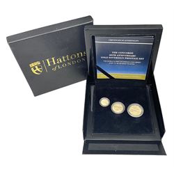 Queen Elizabeth II Gibraltar 2019 'The Concorde 50th Anniversary Gold Sovereign Prestige Set', comprising full, half and quarter sovereigns, cased with certificate, together with various items of Concorde memorabilia including cased binoculars, flight certificate for Heathrow to Moscow, 'Concorde Through The Lines' photographic tribute book etc