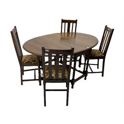 Early 20th century oak barley twist drop leaf dining table (105cm x 154cm, H74cm), and four chairs 