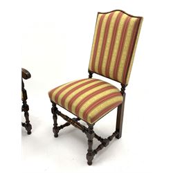 Royal Oak Furniture Co - Jacobean style oak dining table, rectangular top with a lunette carved frieze, acanthus carved baluster cup and cover supports joined by angular stretchers (276cm x 122cm, H81cm), and set ten (8+2) oak framed high back dining chairs upholstered in striped fabric with studded detail, turned supports and stretchers