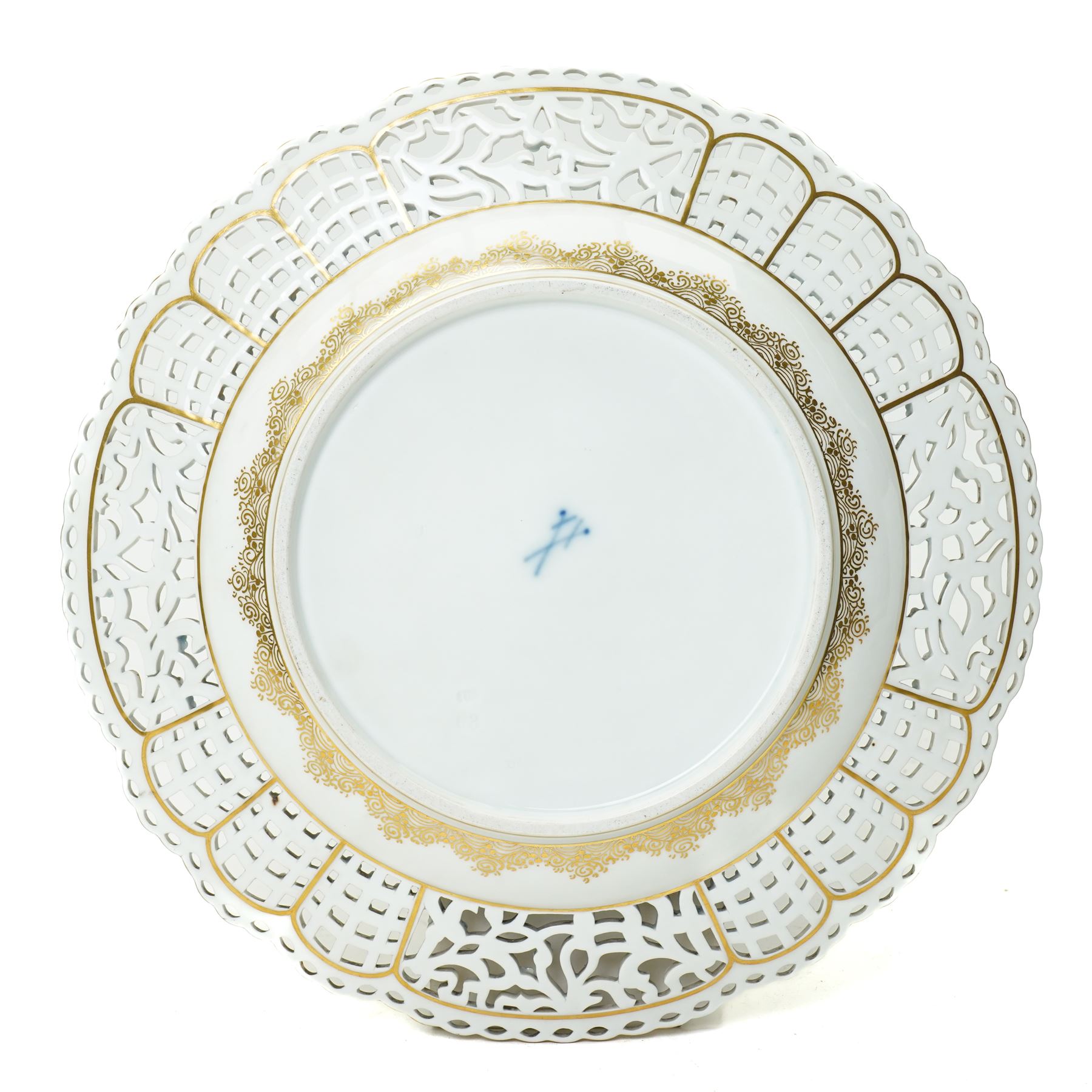 19th century Meissen cabinet plate, the reticulated border modelled with trellis panels and forget-me-nots,  the cobalt blue well with gilt bordered central reserve painted with a scene of a hunting party resting after Philips Wouwerman (Dutch 1619-1668), underglaze blue crossed swords and indistinct impressed numbers verso, D26cm