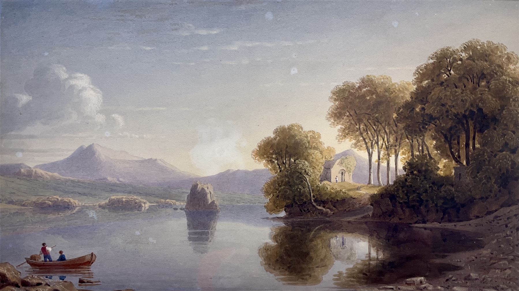 George Fennel Robson (British 1788-1833): 'Innisfallen Lake Killarney', watercolour signed 21cm x 37cm 
Provenance: with Thomas Agnew & Sons, London, catalogue no.50, label verso