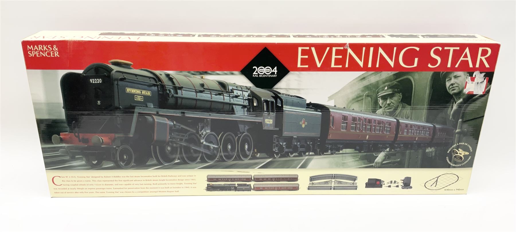 Hornby '00' gauge - Marks & Spencer Evening Star set with Class 9F 2-10-0 locomotive 'Evening Star' No.92220 and three coaches, mint and boxed with factory sealed inner packaging.