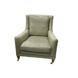 Three-piece hardwood-framed lounge suite - large two-seat Knole sofa with drop ends, upholstered in patterned fabric decorated with urns and foliage (W190cm, D117cm, H88cm); armchair upholstered in contrasting geometric pattern fabric (W83cm, D102cm, H93cm); and another armchair (W82cm, D102cm, H92cm) (3)