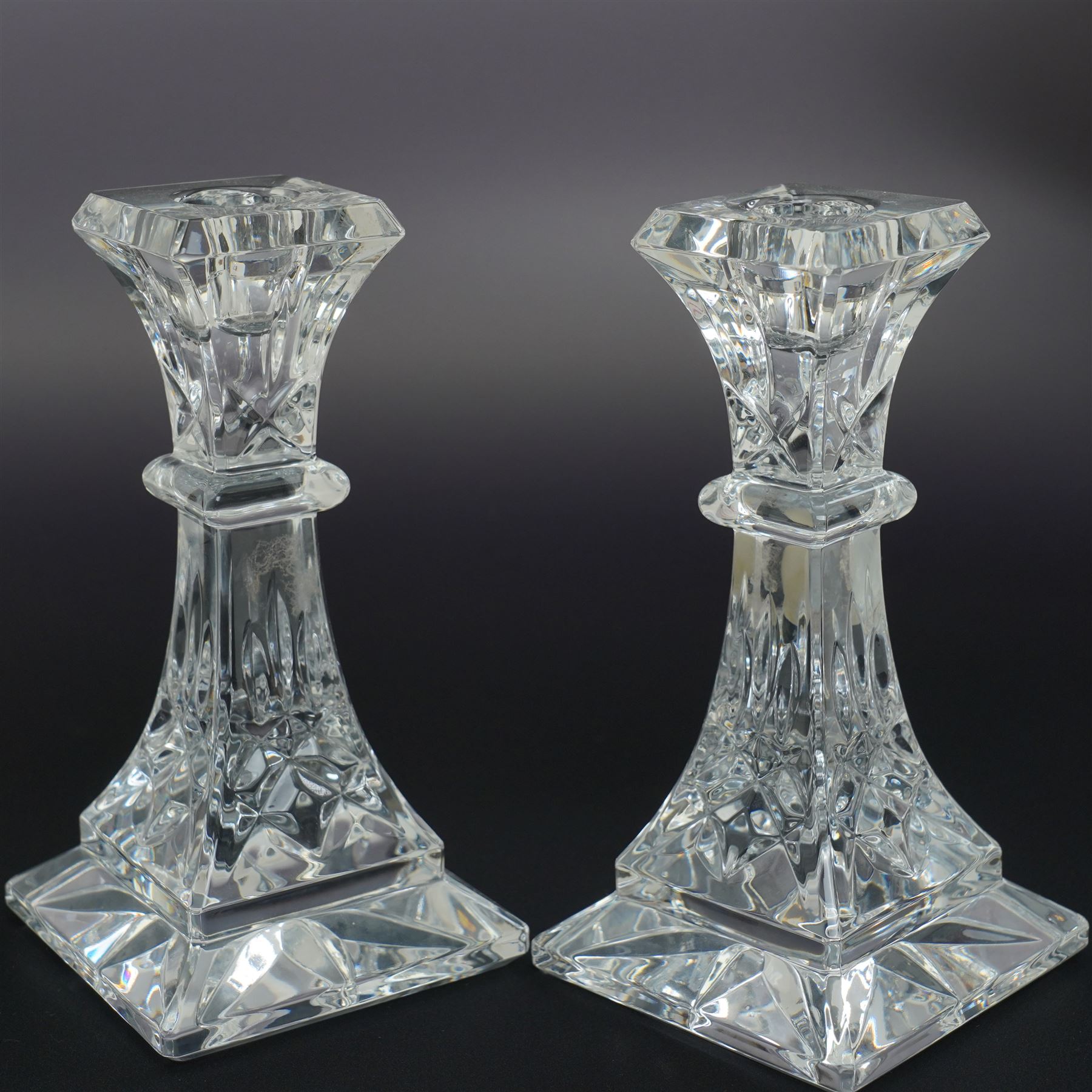  Waterford glass items including pair of Lismore pattern candlesticks H16cm, Makefield pattern photograph frame 12cm x 10cm, cone shape octagonal paperweight and a finger bowl