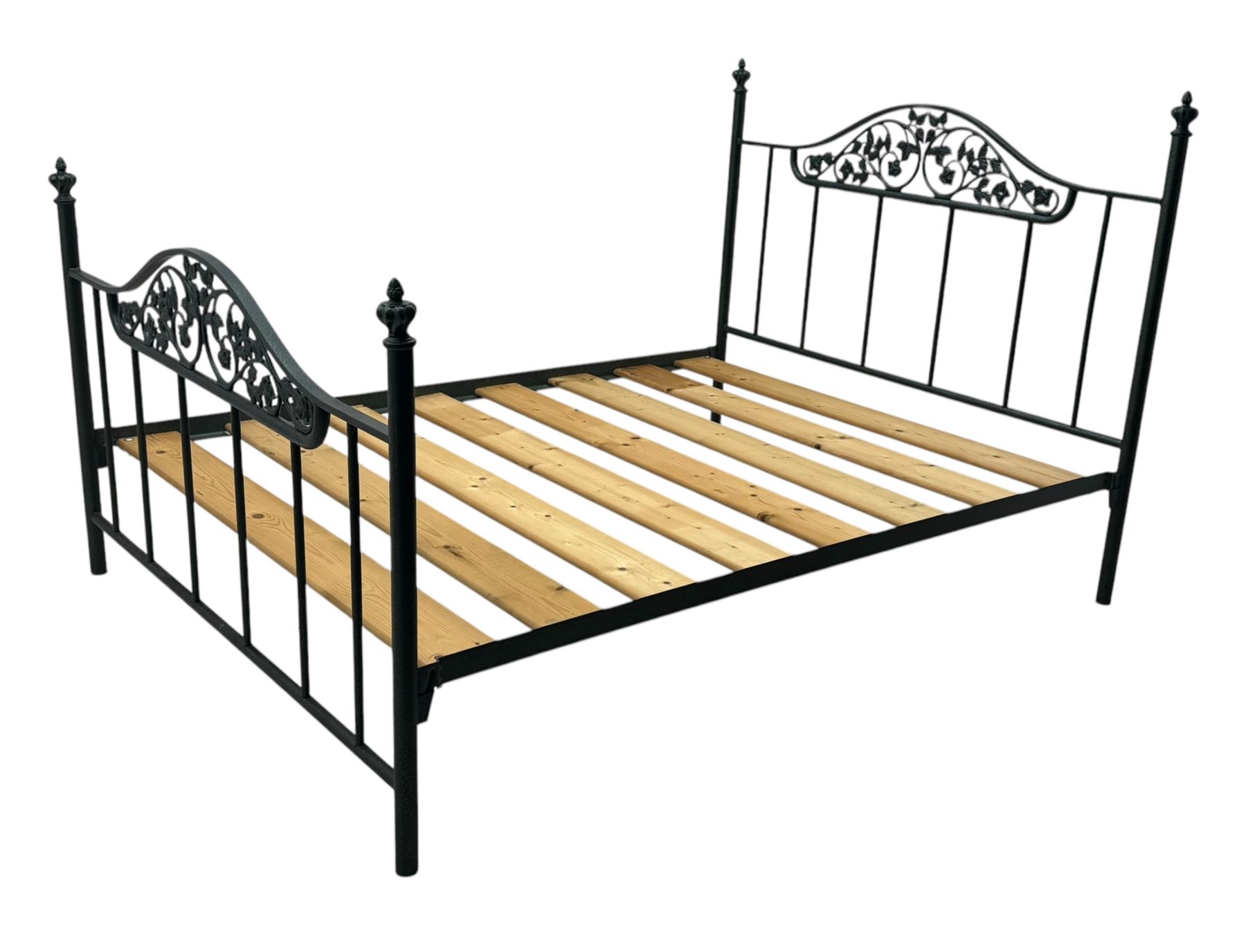 Contemporary metal double bed frame, shaped head and footboards with foliate cast panels and vertical rod supports, the corner posts with urn-shaped finials, finished in a mottled verdigris-style green, with pine slatted base