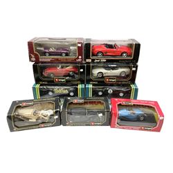 Nine 1:18/1:24 scale die-cast models - two Foxtons Mini Coopers; Road Legends Shelby Cobra; Maisto Mustang Mach III; and five by Bburago including Porsche 356B Cabriolet 1961, Chevrolet Corvette Convertible 1998 etc; all boxed (9)