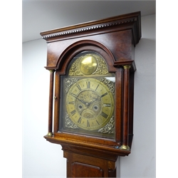  18th century oak longcase clock, 42.5cm arched brass dial signed Tempus Fugit, Green Richmond, mahogany cross banded door with fluted columns, eight day movement striking the hours on a bell, H217cm   
