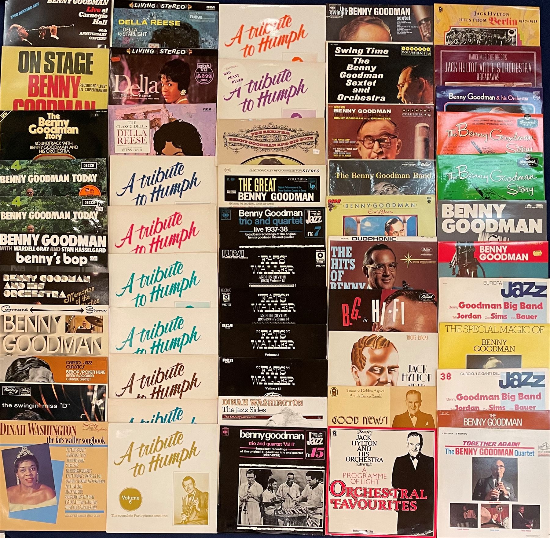 Mostly Jazz vinyl records including 'Benny Goodman Live at Carnegie Hall 40th Anniversary Concert' two record set, 'Capitol Jazz Classics Bebop Spoken Here Benny Goodman Charlie Barnet', 'Dinah Washington The Jazz Sides The EmArcy Jazz Series', 'Nat Gonella And His Trumpet', 'Harry James First-Team Player On The Jazz Varsity' etc, approximately 120 