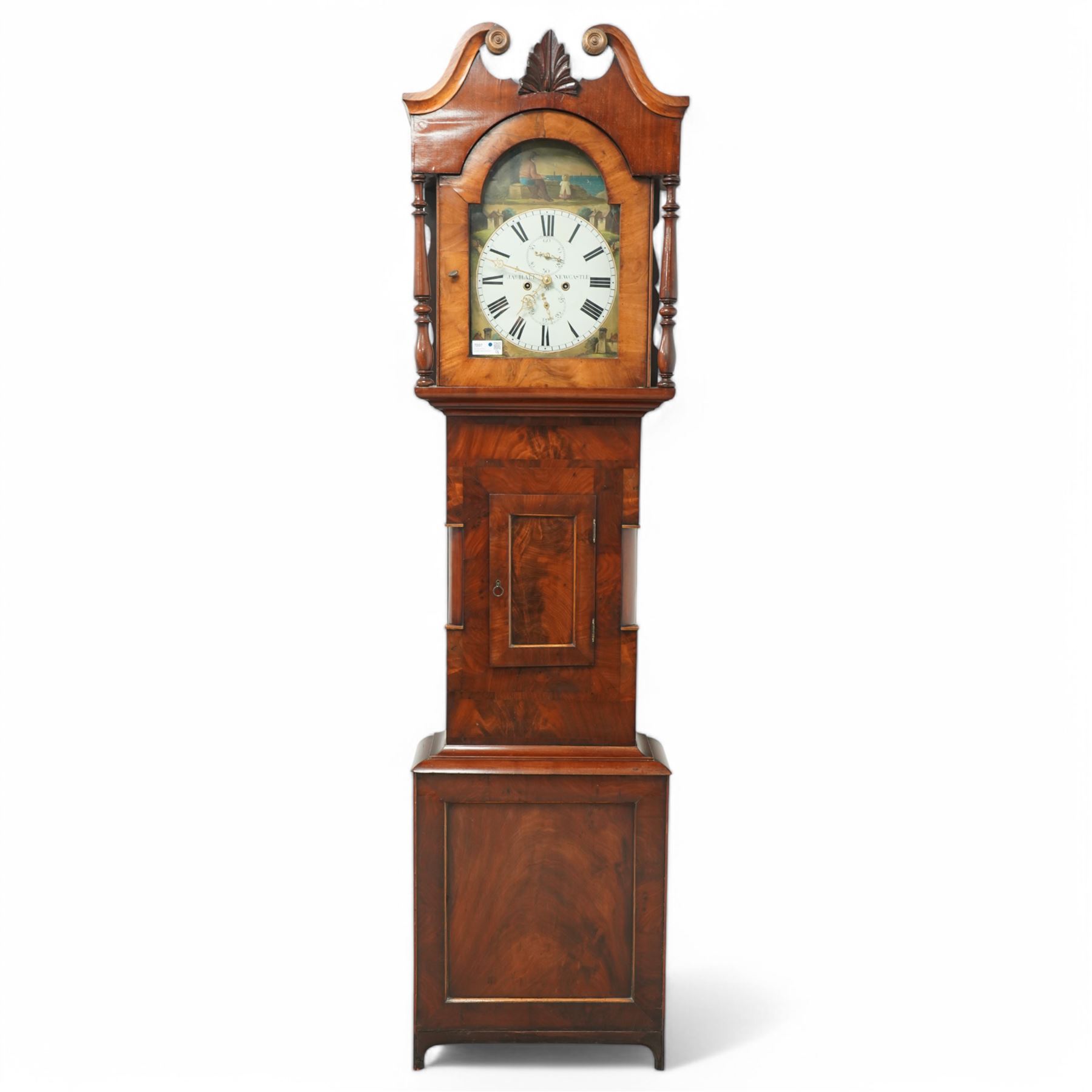 James Hall of Newcastle-Late19th century mahogany longcase clock c1870, with a swan necked pediment and break arch hood door beneath flanked by ring turned pilasters, trunk with half-round inset pilasters and a short panelled trunk door, on a square plinth with a recessed panel, painted dial with spandrels depicting country cottages and a coastal scene of a child and fisherman to the arch, with Roman numerals, minute track, date and seconds dial and stamped brass hands, dial attached via a false plate to a rack striking movement striking the hours on a bell. With weights and pendulum. 
James Hall is recorded as working  from King Street Newcastle-upon-Tyne from 1850 onwards. 
This clock was the subject of a detailed article on both the clock and maker, published in CLOCKS magazine in 2009. 