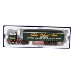 Three Corgi Hauliers of Renown Eddie Stobart 1:50 scale diecast model lorries, comprising CC15508 Volvo F10 Curatinside, CC13826 Mercedes Actros Fridge Trailer and CC13754 Scania R Facelift Box Step Frame Trailer, all boxed