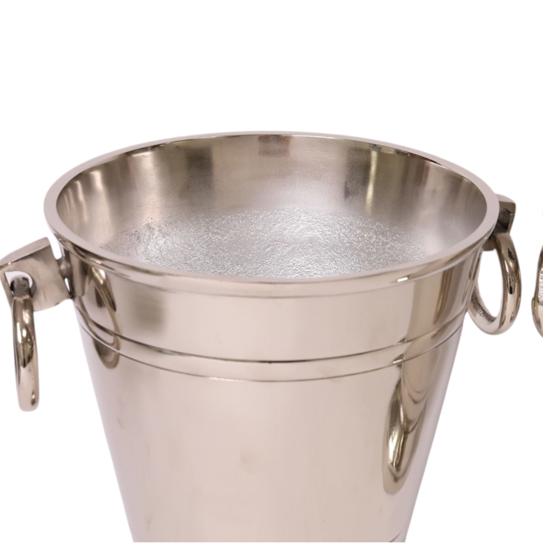 Pair champagne/ wine coolers, each with ring handles, upon a stepped circular base, H28cm