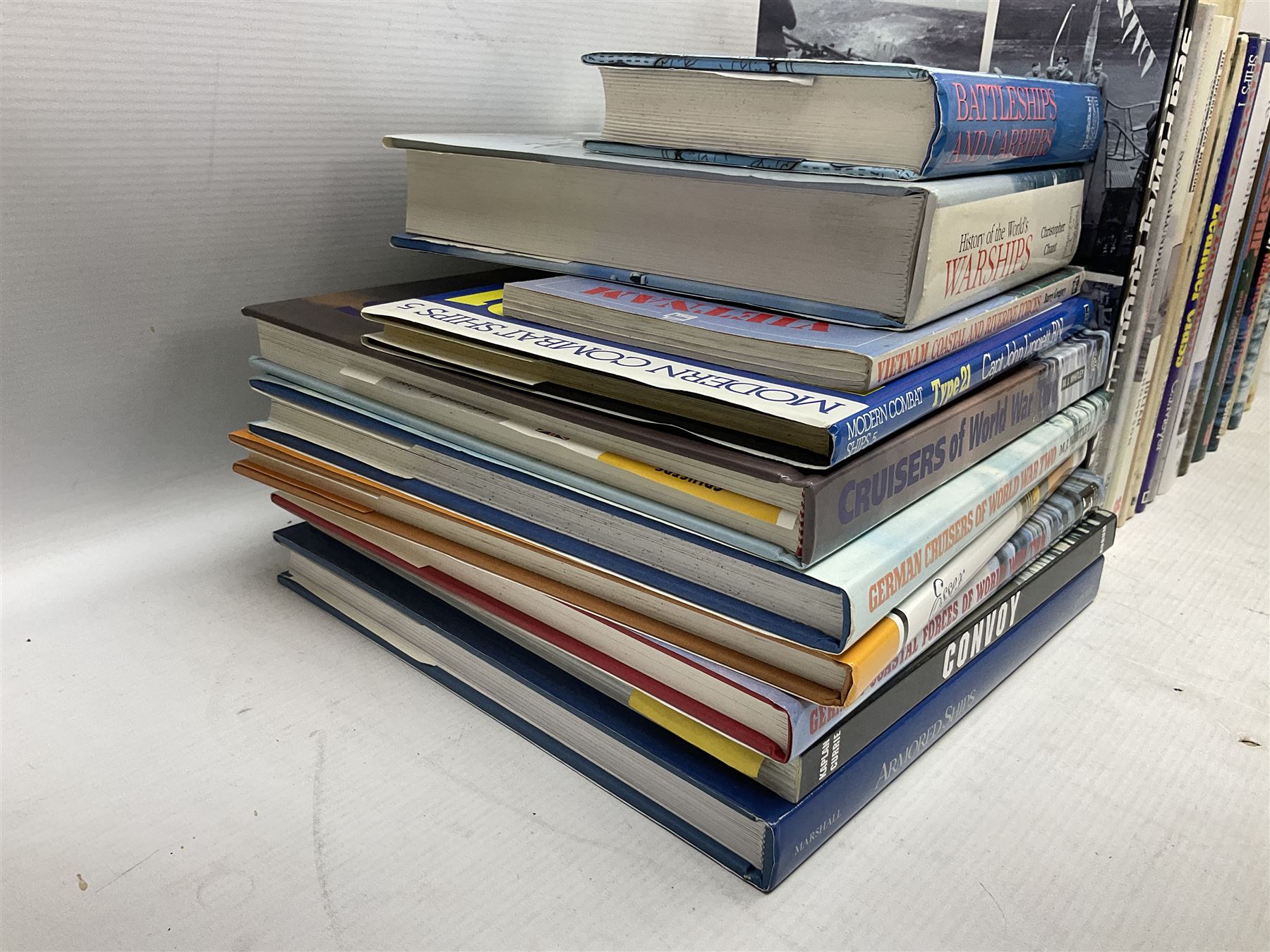 Thirty books of maritime and naval interest including David Hobbs: The British Pacific Fleet; Ian Marshall: Armoured Ships; M.J. Whitley: Cruisers of WW2, German Cruisers of WW2 and German Coastal Forces of WW2; books on warships, U-Boats, combat ships etc