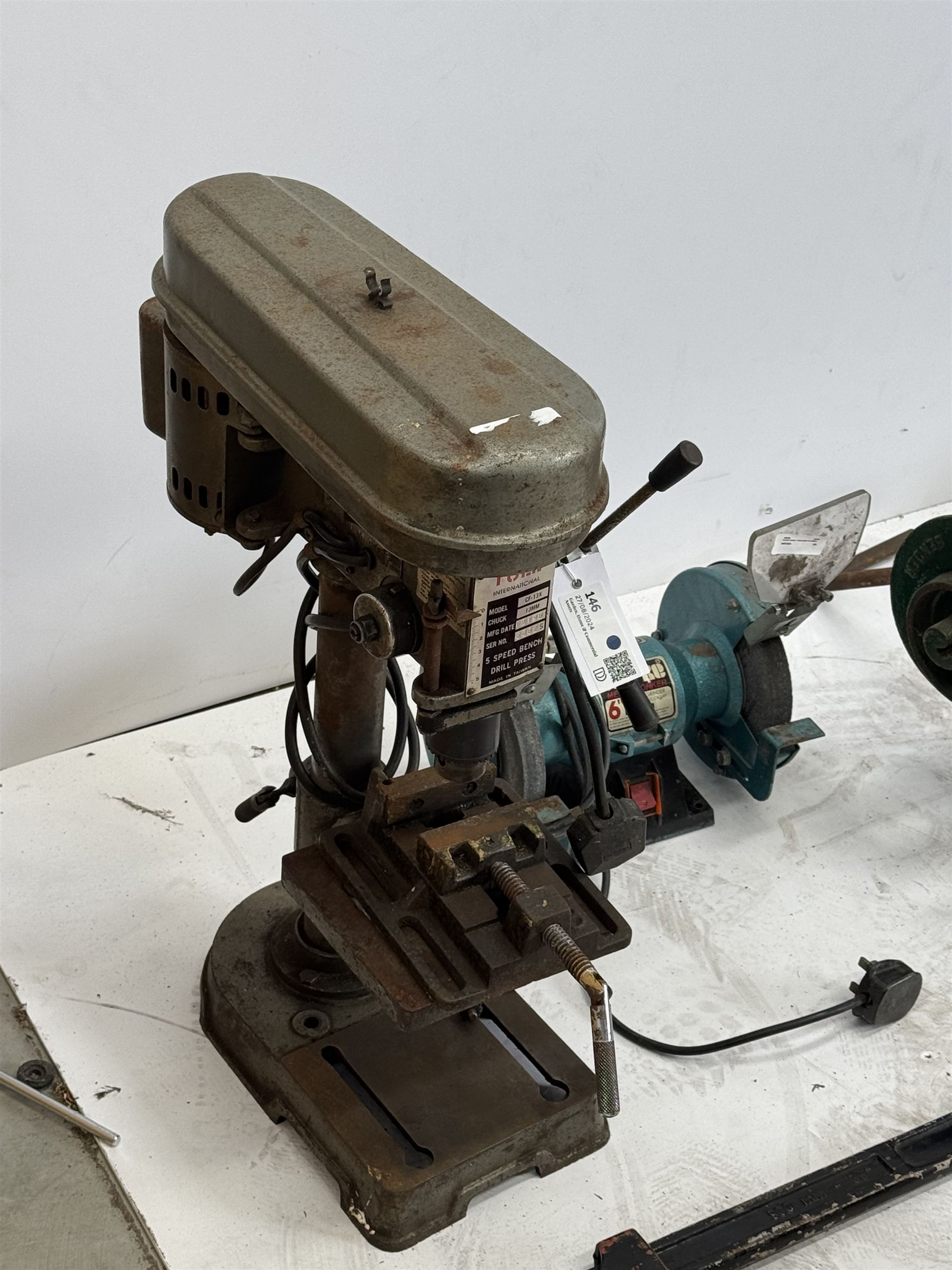 Tull bench pillar drill, Beechers Bender, Clarke grinder, pair of Stilsons, axel stands and bottle jack