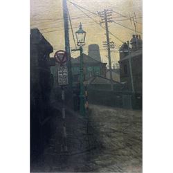 Peter Brook (Northern British 1927-2009): Telegraph Wires at the Road Junction, oil on board signed, dated by the artist c1955 on hand written verso 75cm x 50cm
Provenance: West Yorkshire dec'd estate; the deceased was good friends with the artist.