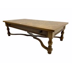 French walnut coffee table, rectangular marquetry top, single drawer, wavy X shaped base