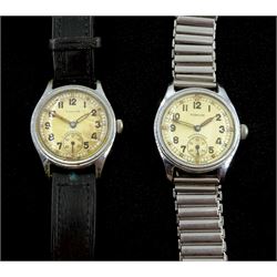 Two Timor WWII military stainless steel wristwatches,  manual wind movements, cream enamel dials with subsidiary seconds dials, the back cases stamped A.T.P one numbered 137954, on black and stainless steel bonklip straps