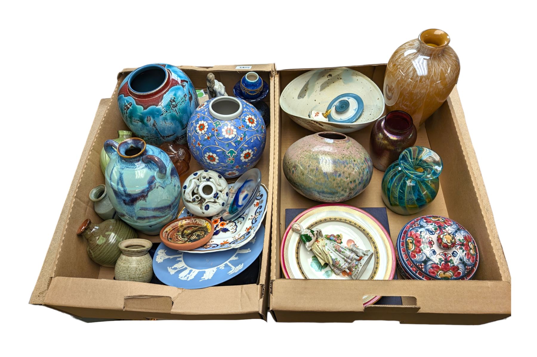 Poole pottery vase, Mdina glass vase and a collection of other glassware and ceramics, in two boxes 