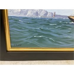 George Drury (British 1950-): J Class Racing Yachts - 'Velsheda and Endeavour off the Needles',  oil on board signed, titled verso 47cm x 73cm