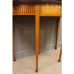  Late 19th century Adam style inlaid satinwood card table, serpentine crossbanded baise lined demi-lune folding top with fan medallion and bellflower drapery on similar square tapered supports with spade feet, W92cm, D92cm, H79cm, max  