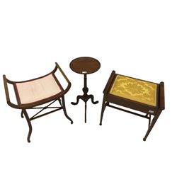 Edwardian inlaid mahogany piano stool (W56cm), an Edwardian mahogany stool with curved seat and an early 20th century mahogany wine table