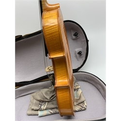 20th century viola with 38.5cm two-piece maple back and ribs and spruce top, bears label 'Alfred Franke Geigenbaumeister Dusseldorf', 64cm overall, in fitted hard carrying case with outer canvas cover