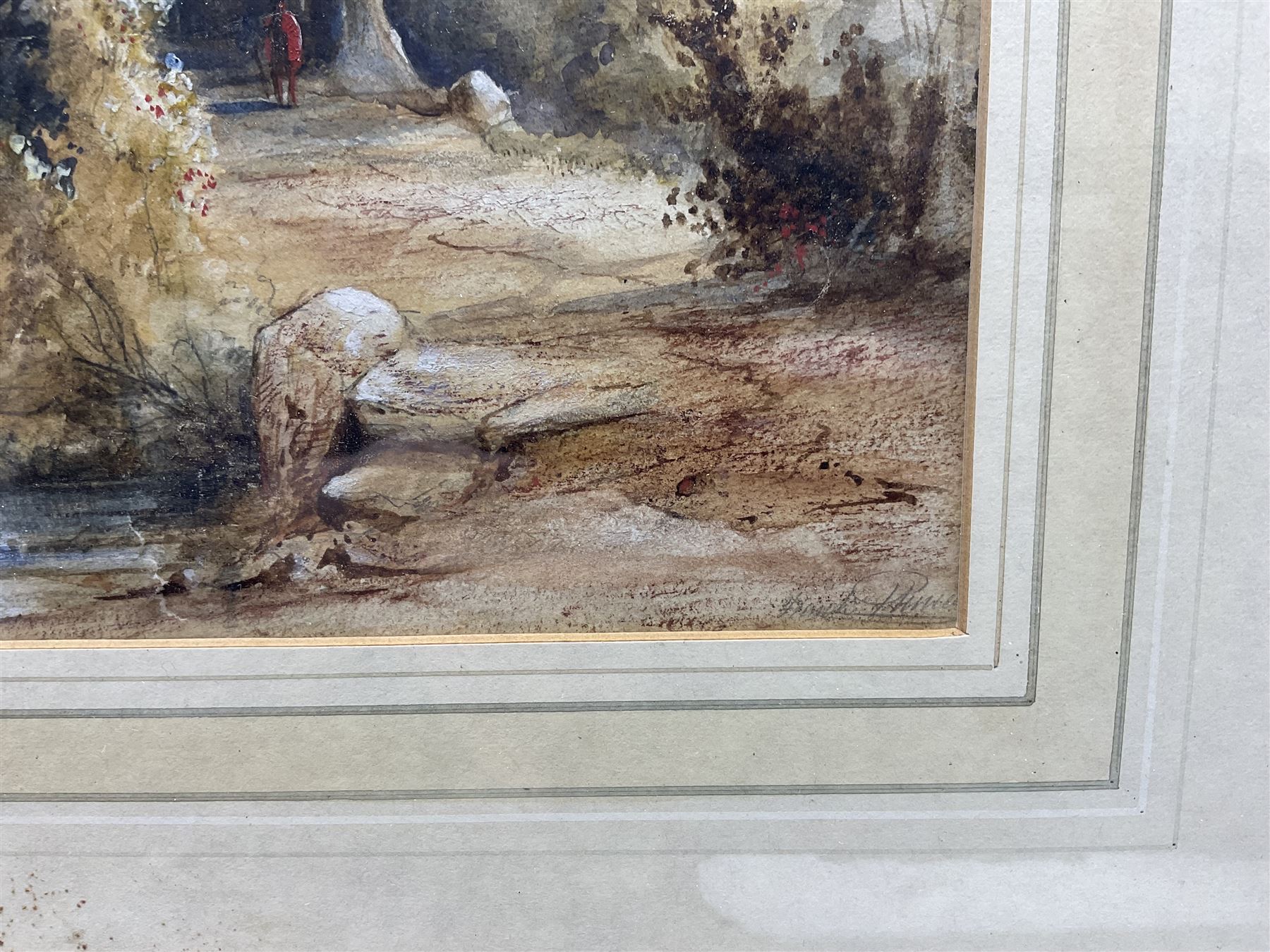 Two original watercolours, one indistinctly signed Frank *, framed print of sheep and three engravings (6)