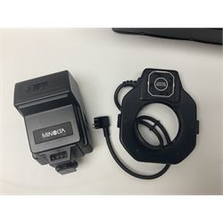 Minolta Dynax 7 camera body, serial number 93101009, Minolta 'AF APO Tele 300mm 1:4 (32)' lens serial no 32501041, in case and other camera equipment 