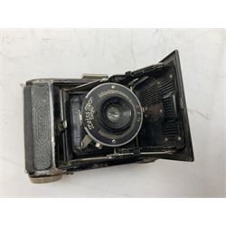 Bilora Boy Box Camera, with leather case, together with Zeiss Ikonta folding camera and another similar example 