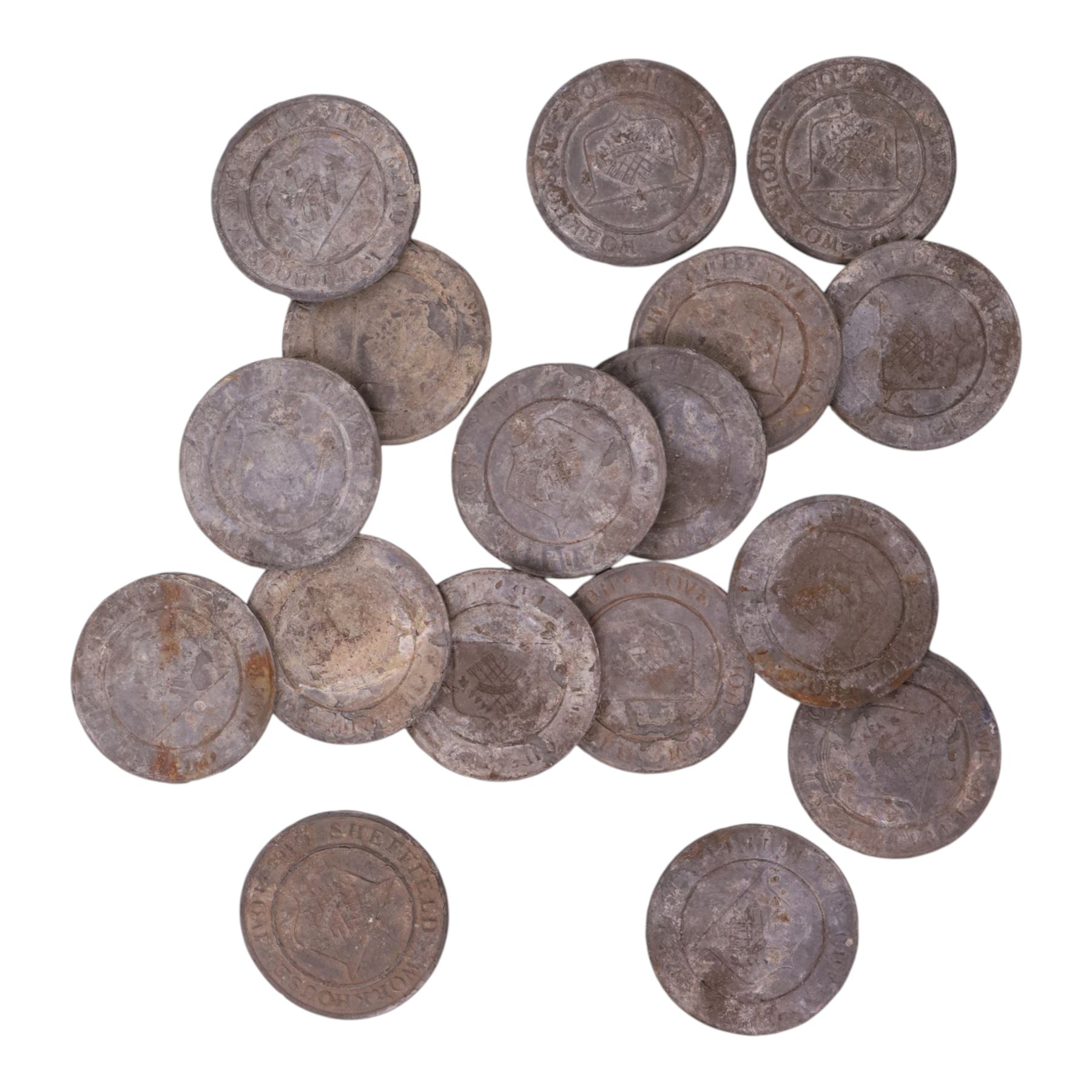 Seventeen 19th century Sheffield Workhouse bread tokens, each inscribed '6lbs loaf'
