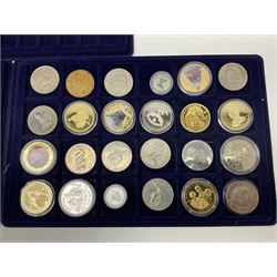 Commemorative, fantasy and other coinage, including George II 1754 farthing, George III 1773 farthing, cartwheel penny and cartwheel two pence, Queen Victoria Canada 1886 twenty five cents, various commemorative crowns etc, housed in three blue coin trays