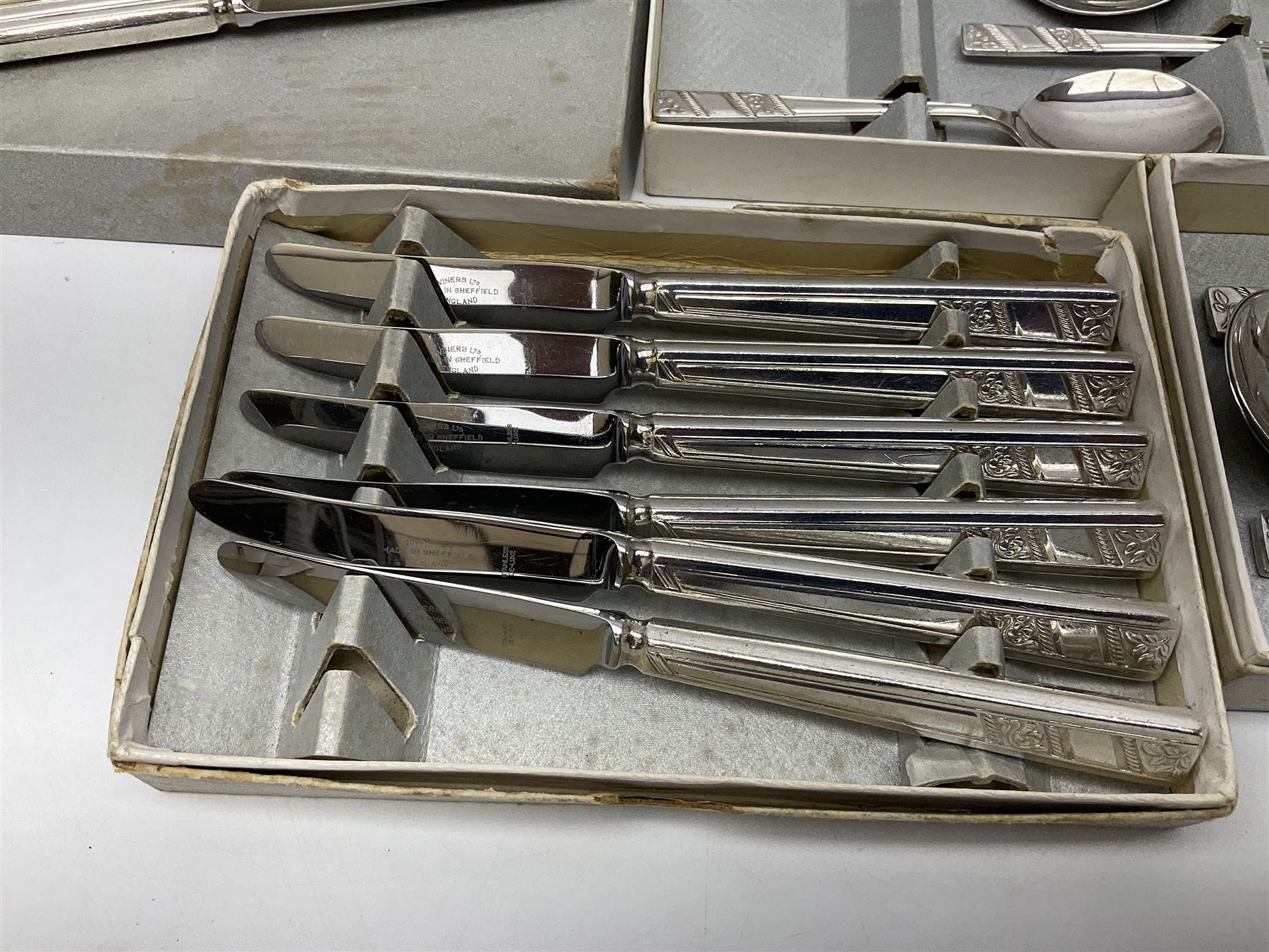 Viners Ltd silver plate Silver Rose pattern cutlery service for six place settings, to include butter knives, table knives and forks, soup spoons, dessert forks and spoons, tea knives, forks and spoons, two serving spoons and a seven piece fruit set, some boxed, missing table spoons