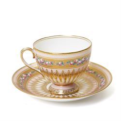 Brown-Westhead, Moore & Co cabinet cup and saucer, with rope twist moulded handle, hand-painted with floral reserves against a white and sky blue ground, heightened profusely with gilt, together with a pink hand-painted example, and a 19th century spill vase and twin-handled covered sucrier (4)