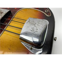 Early 1960s American Fender Precision electric bass guitar with original three-tone sunburst finish and faux tortoiseshell scratch plate; rosewood fretboard; all original fittings including chromium plated bridge and pick-up covers, finger rest, 'pots' and machines, dated on end of neck 5NOV62C, serial no.91625; L115cm overall; in Selmer simulated reptile skin covered carrying case. Sold with non-transferrable CITES A10 licence, certificate no.23GBA10CNKKEB, serial no.441200, dated 30th August 2023. Also included are original 1960s photographs of the band 'The Rascals' and photocopies of newspaper cuttings advertising their forthcoming performances along with a photocopy of a photograph of their television appearance on 'Opportunity Knocks' in 1967/8 (coming second to Mary Hopkins). In addition there is a reel-to-reel tape recording and USB stick of the band playing and two sheets of biographical information. Auctioneer's Note: The guitar was ordered by Trevor Parker from Pat Cornell's Music Shop, Spring Bank, Hull and imported from the USA in 1962, well before it was available in the UK. Trevor was the bass guitarist of The Rascals from Hull, later The Ides of March, who supported artists such as Elton John on the Hull circuit. Trevor played the guitar extensively until 1969 when The Rascals disbanded, he got married to Maureen and settled down to family life. Trevor sadly passed away in 2017, and after being in store for fifty-four years his widow has decided it is time for his guitar to be sold.