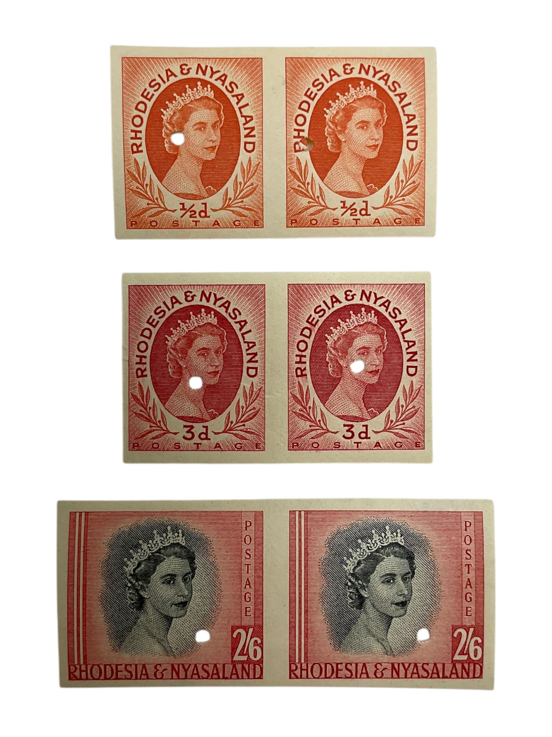 Three Queen Elizabeth II Rhodesia and Nyasaland 1954 stamp proof pairs, comprising half pence, threepence and two shilling sixpence