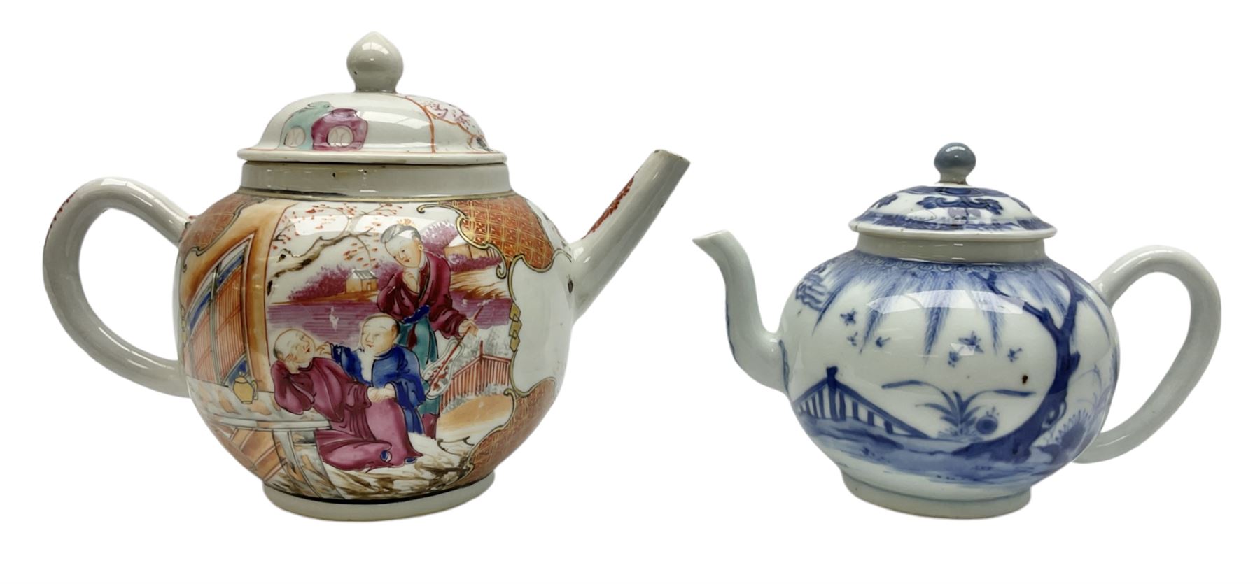 Two late 18th/early 19th century Chinese export teapots, the largest example of globular form with curved handle and straight spout, decorated in the Mandarin style with figural scenes surrounded by red scale reserves, H13.5cm, the second smaller example decorated in underglaze blue with two musicians in a landscape set with willow tree and fence, H10.5cm

