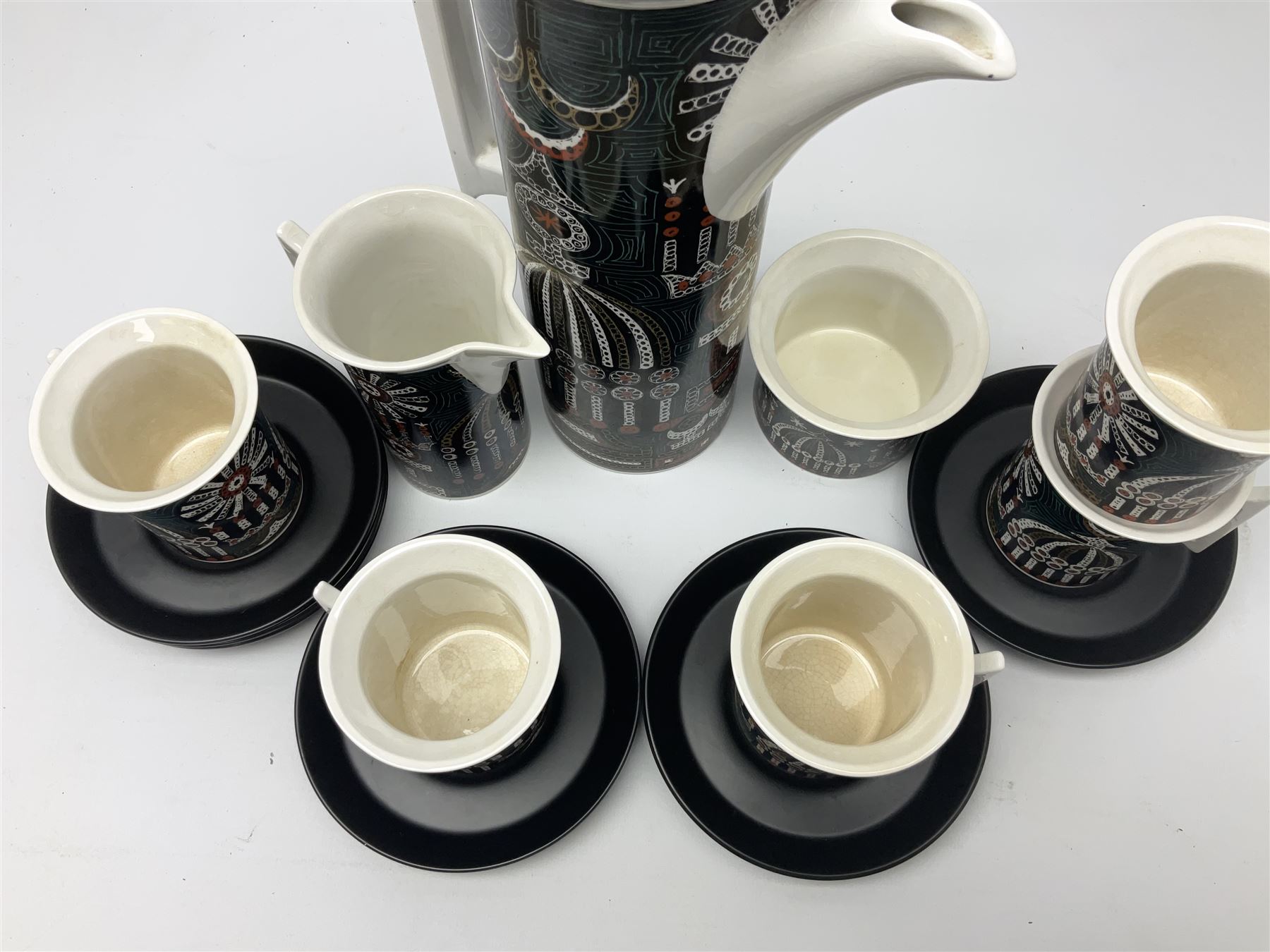 Susan Williams Ellis for Portmeirion 'Magic City' part coffee service, comprising five cups, six saucers, sugar bowl, milk jug and coffee pot
