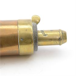 Copper gun powder flask, marked 'James Dixon & Sons' decorated in relief with hunter with pointer, L20cm