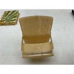 Mother of pearl and abalone inlaid card case, with central diamond shaped panel engraved with foliate decoration, together with a simulated mother of pearl card case of book form with green sun rays to cover, and simulated wood effect cigarette case with hinged lid with diamante style banding, largest L10cm