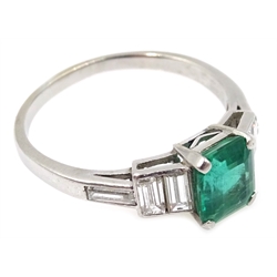  Platinum (tested) emerald cut emerald and baguette diamond ring, emerald 0.5 carat   