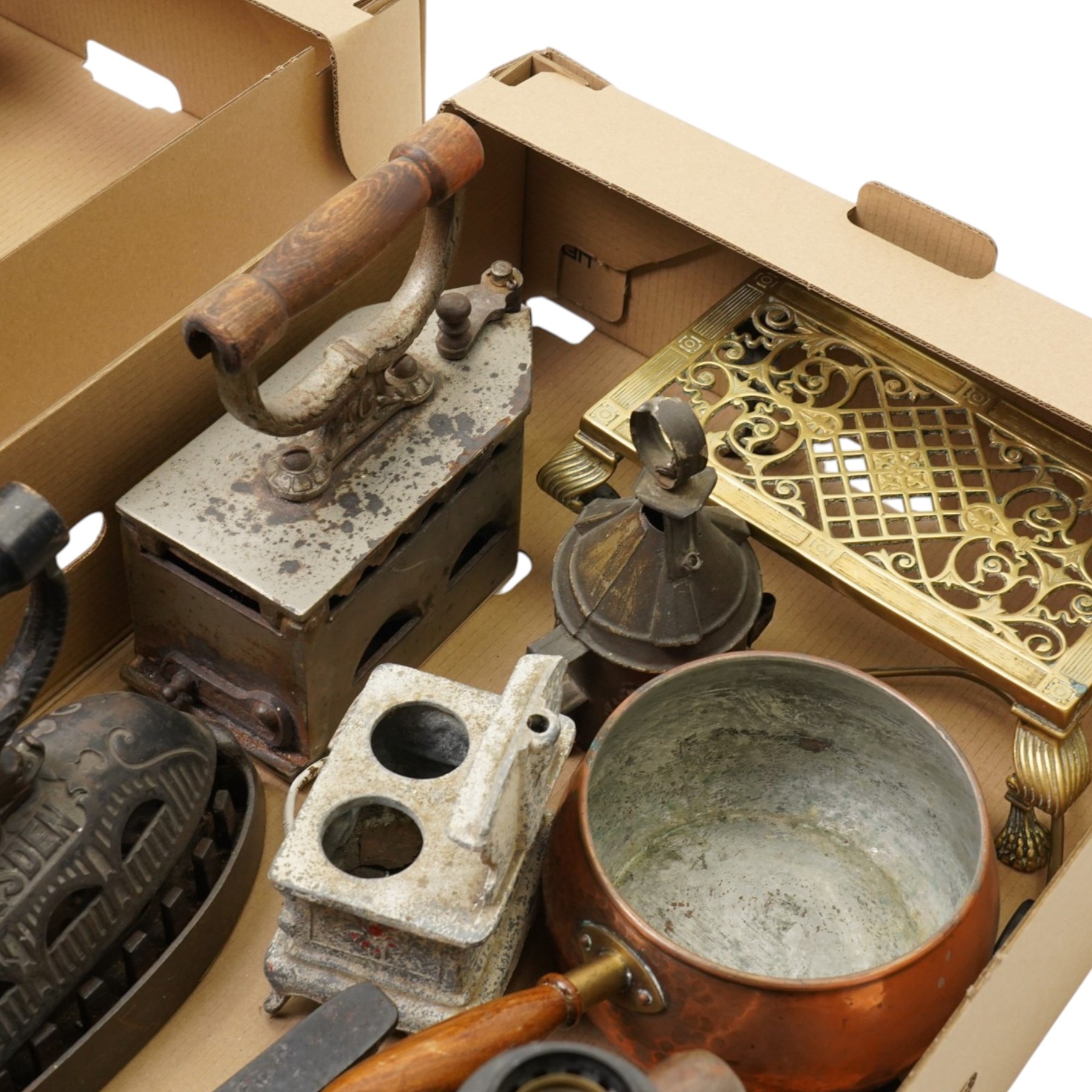 Max Elb, Dresden patent charcoal box iron, two others, flat iron, kitchen scales and weights etc